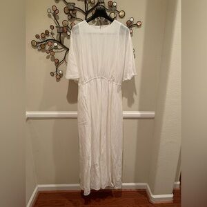 NWOT Banana Republic Dress: White Silk/Linen, Maxi, Back Cutout Elastic Waist XL